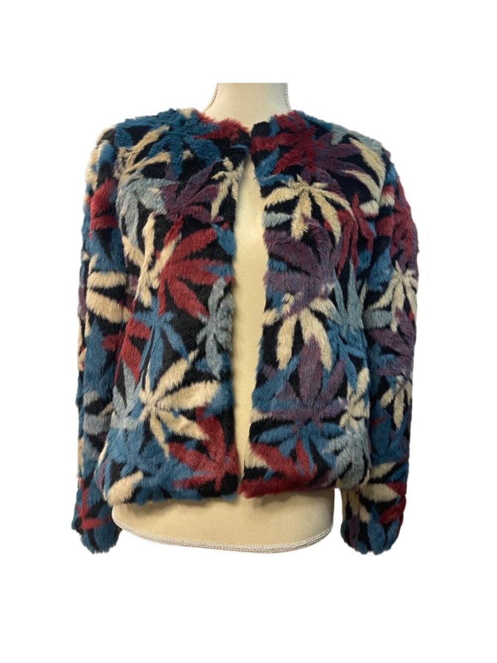 Band of the Free B.O.F Plush Faux Fur Jacket Cardigan Women's Size XS Weed Leaf